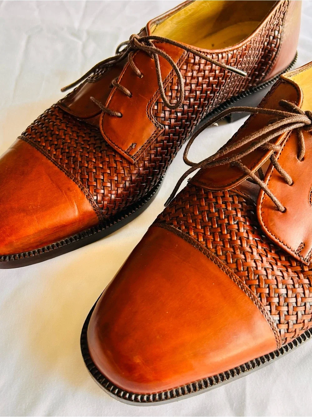 Vtg Cole Haan Men’s Brogano Woven Leather Cap-Toe Oxfords Made in Italy